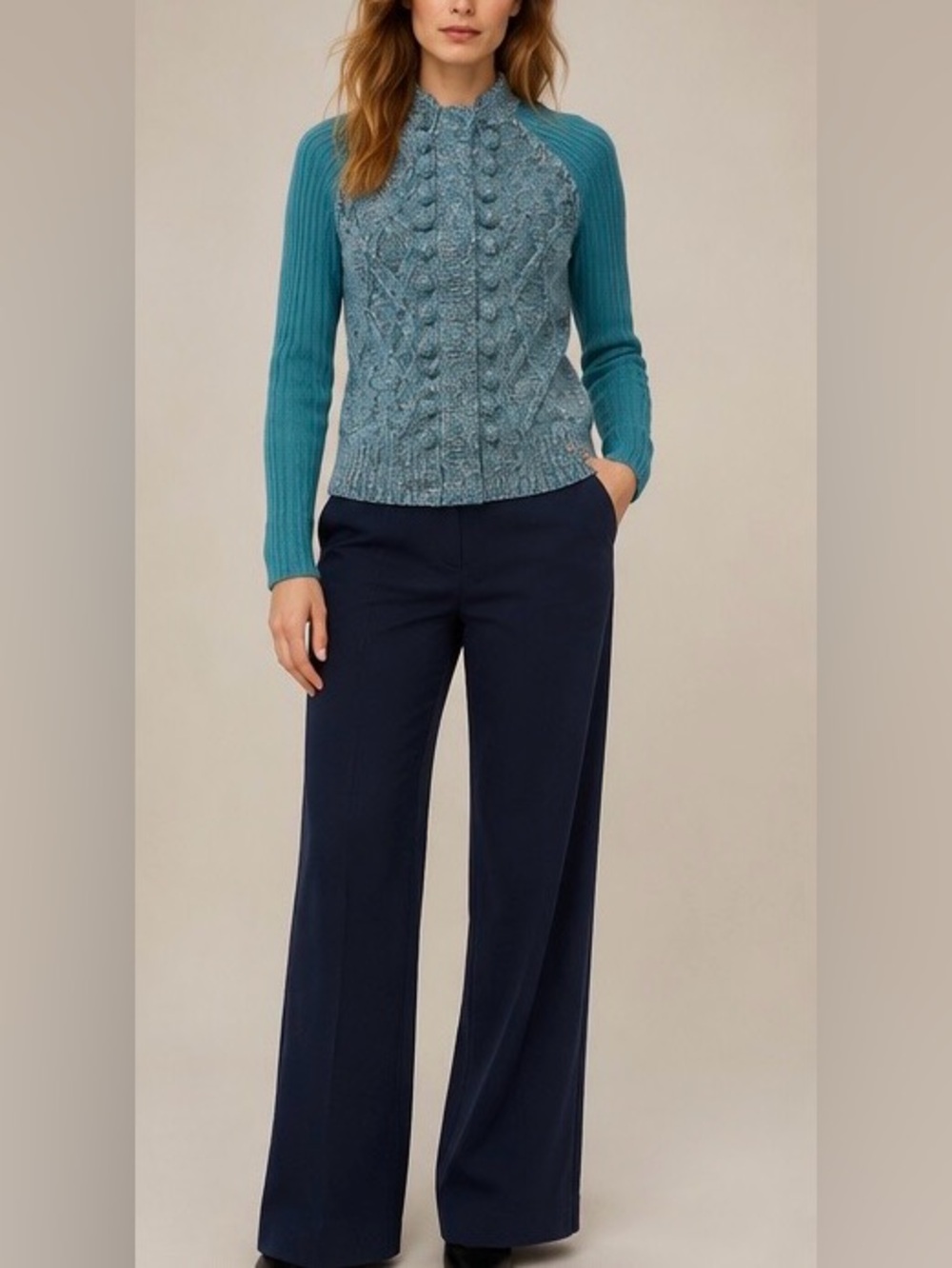 Tory Burch Harper Bobble Knit Button Front Cardigan Teal Navy Blue, Size S